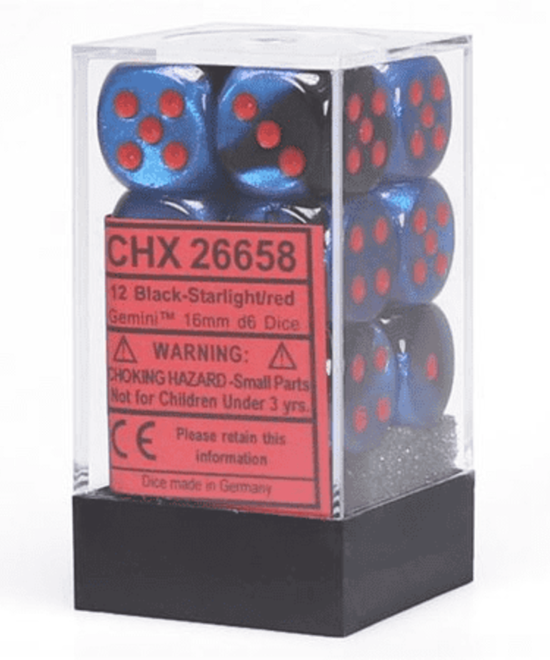 Chessex - CHX 12-die 16mm d6 Set Black - Starlight w/ Red