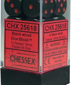 Chessex - CHX 12-die 16mm d6 Set Black w/red Opaque