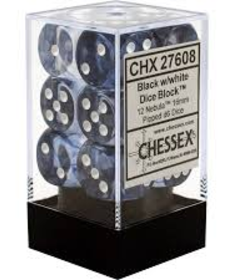 Chessex - CHX 12-die 16mm d6 Set Black w/white Nebula