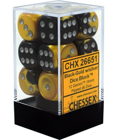 Chessex - CHX 12-die 16mm d6 Set Black-Gold w/Silver Gemini