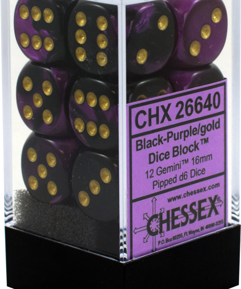 Chessex - CHX CLEARANCE - 12-die 16mm d6 Set Black-Purple w/gold Gemini