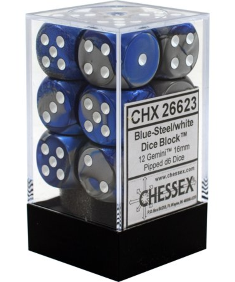 Chessex - CHX 12-die 16mm d6 Set Blue-Steel w/white Gemini