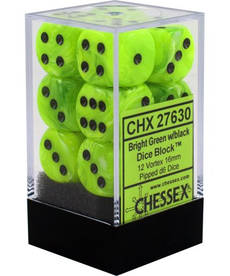 Chessex - CHX 12-die 16mm d6 Set Bright Green w/black Vortex