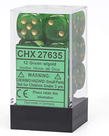 Chessex - CHX CLEARANCE - 12-die 16mm d6 Set Green w/gold Vortex