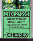 Chessex - CHX 12-die 16mm d6 Set Green w/silver Lustrous