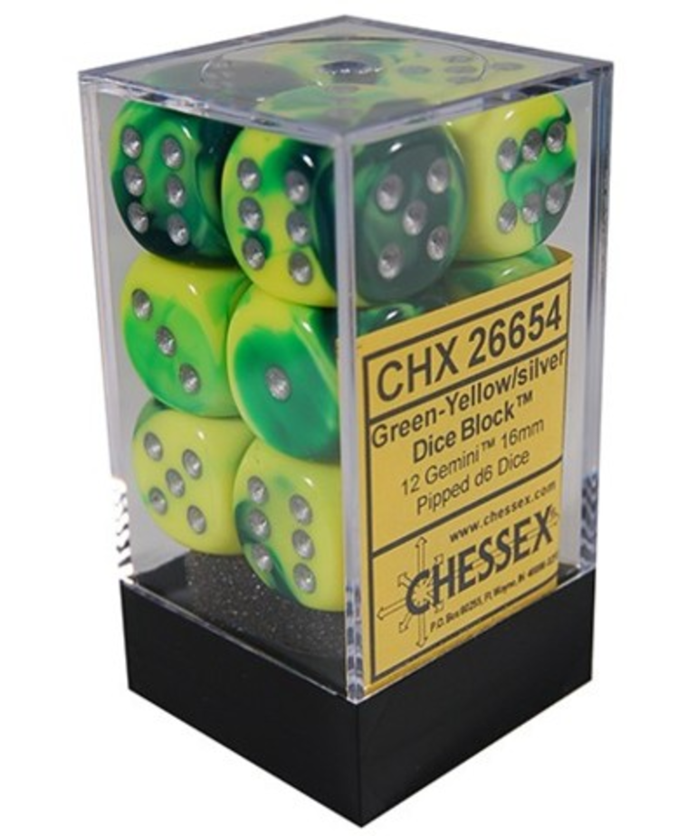 Chessex - CHX 12-die 16mm d6 Set Green-Yellow w/Silver Gemini
