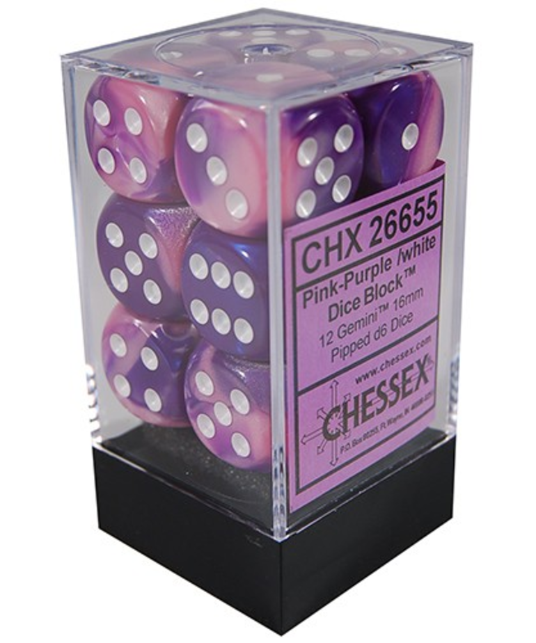 Chessex - CHX 12-die 16mm d6 Set Pink-Purple w/White Gemini