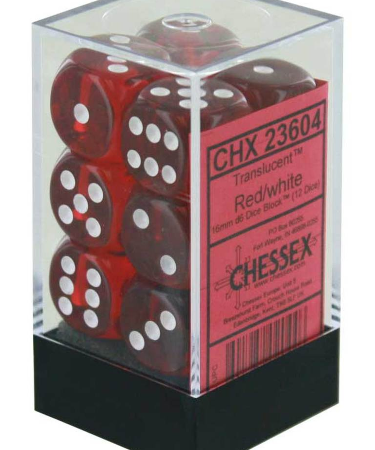 Chessex - CHX 12-die 16mm d6 Set Red w/white Translucent