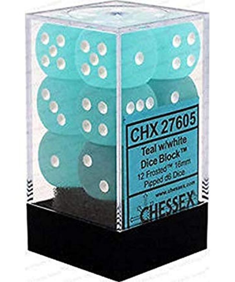 Chessex - CHX 12-die 16mm d6 Set Teal w/white Frosted