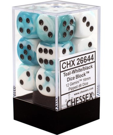 Chessex - CHX 12-die 16mm d6 Set Teal-White w/Black Gemini