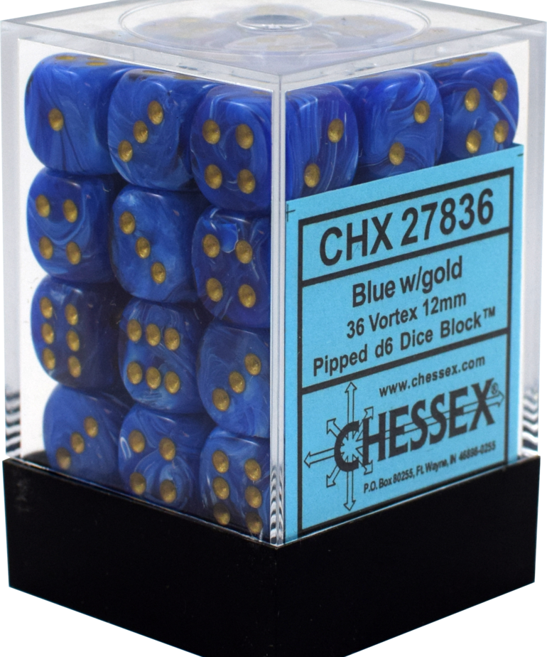 Chessex - CHX CLEARANCE - 36-die 12mm d6 Set Blue w/gold Vortex