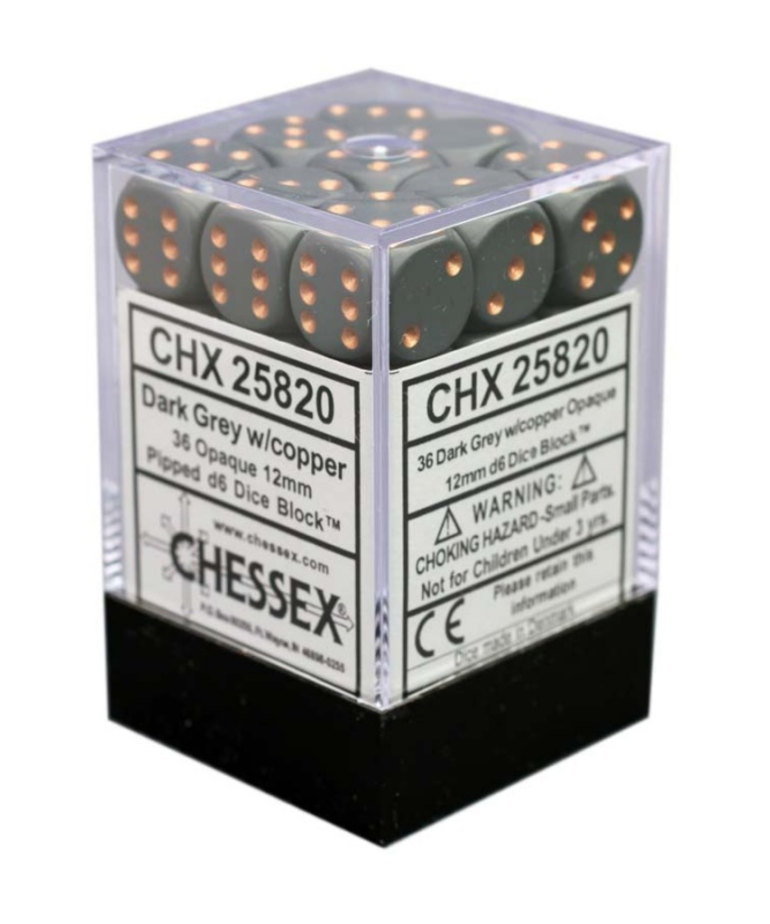 Chessex - CHX CLEARANCE - 36-die 12mm d6 Set Dark Grey w/copper Opaque