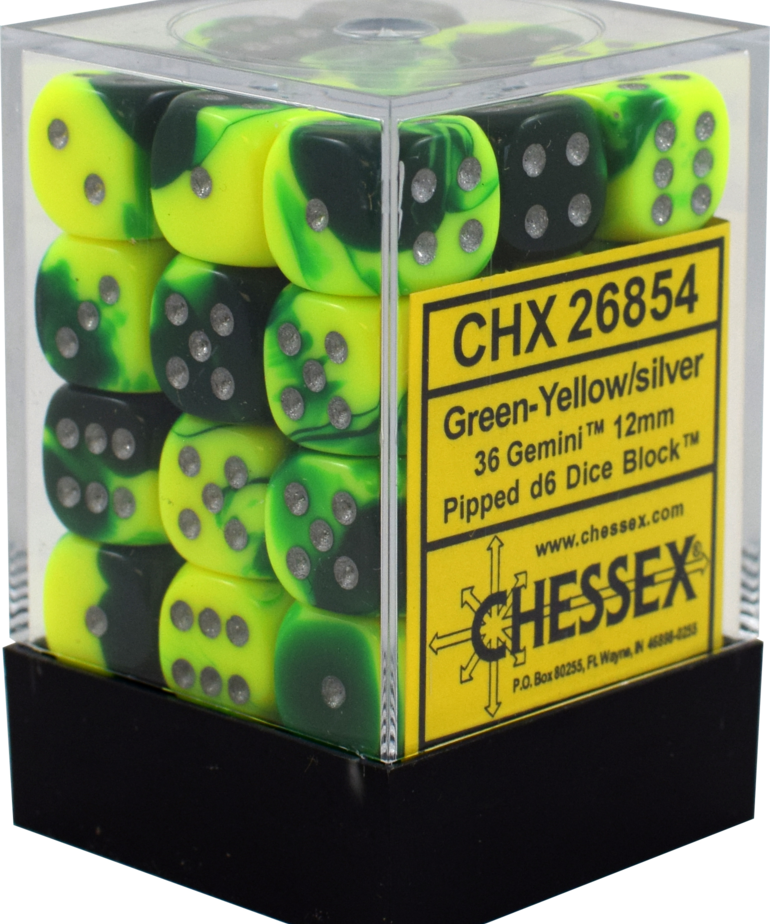 Chessex - CHX CLEARANCE - 36-die 12mm d6 Set Green-Yellow w/Silver Gemini