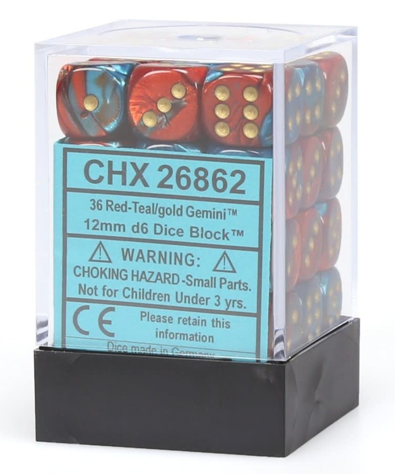 Chessex - CHX CLEARANCE - Chessex: Gemini - Red-Teal/Gold - 12mm Pipped D6 (36) - Dice Block