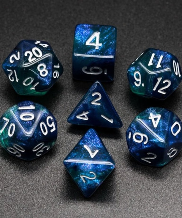 Gameopolis Dice - UDI Gameopolis: Dice - Polyhedral 7 Set - Glitter - Blue Green w/ White