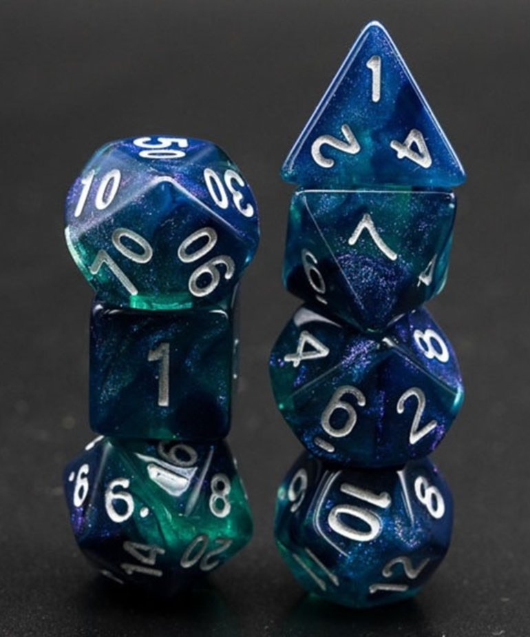 Gameopolis Dice - UDI Gameopolis: Dice - Polyhedral 7 Set - Glitter - Blue Green w/ White