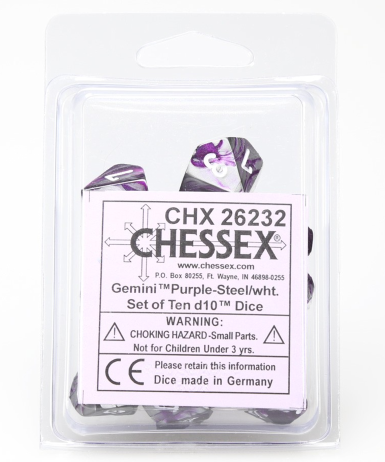 Chessex - CHX Chessex - 10-die d10 set - Gemini Purple-Steel w/ White