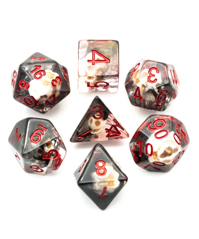 Gameopolis Dice - UDI Gameopolis Dice - Polyhedral 7-Die Set - Resin Skull - Black & Clear w/ Red