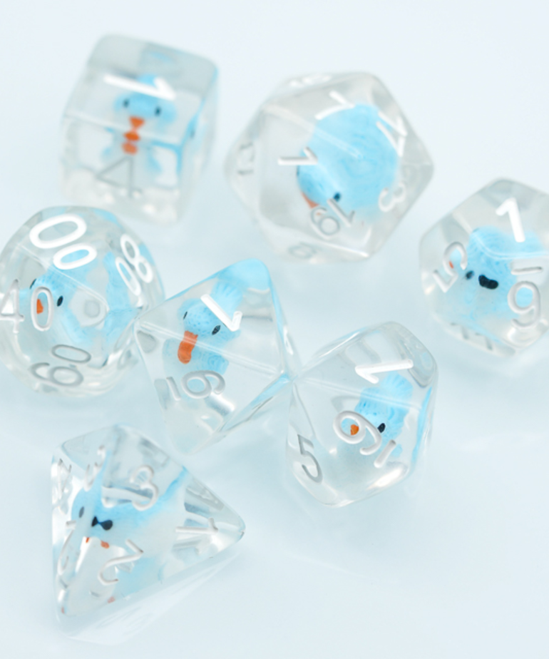 Gameopolis Dice - UDI Gameopolis Dice - Polyhedral 7-Die Set - Resin Blue Bird - Clear w/ White