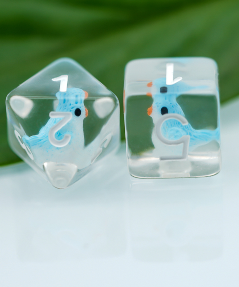 Gameopolis Dice - UDI Gameopolis Dice - Polyhedral 7-Die Set - Resin Blue Bird - Clear w/ White