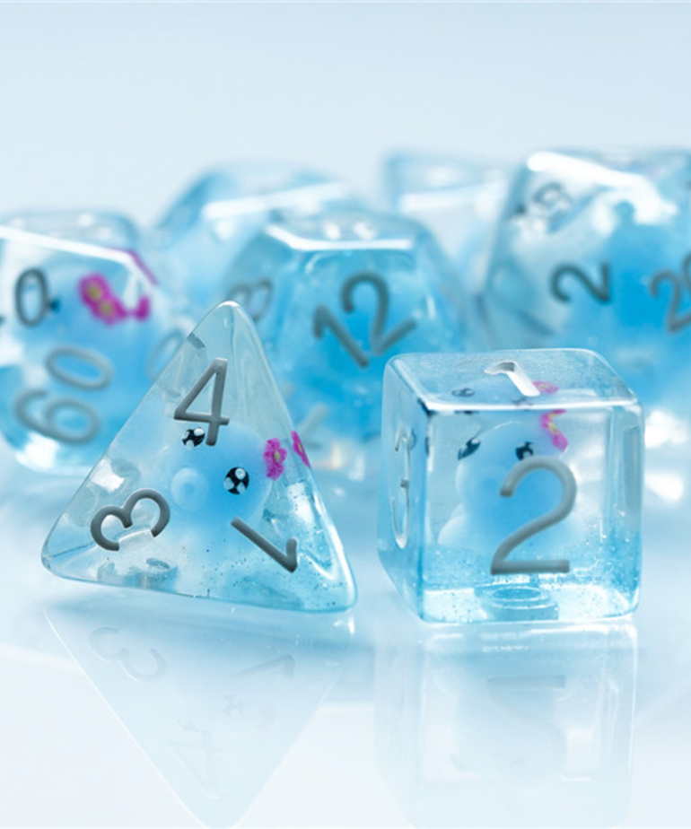 Gameopolis Dice - UDI Gameopolis Dice - Polyhedral 7-Die Set - Resin Blue Octopus - Clear w/ White