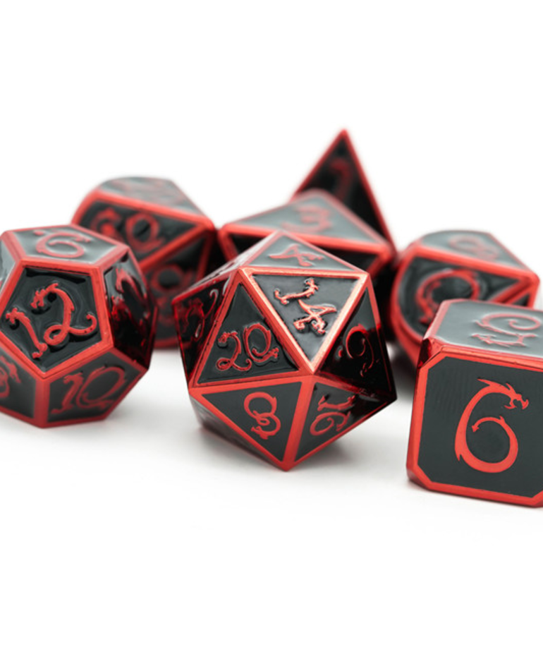 Udixi Dice - UDI Udixi: Dice - Polyhedral 7-Die Set - Electrophoretic Metal - Red & Black Enamel w/ Cloud Dragon Font