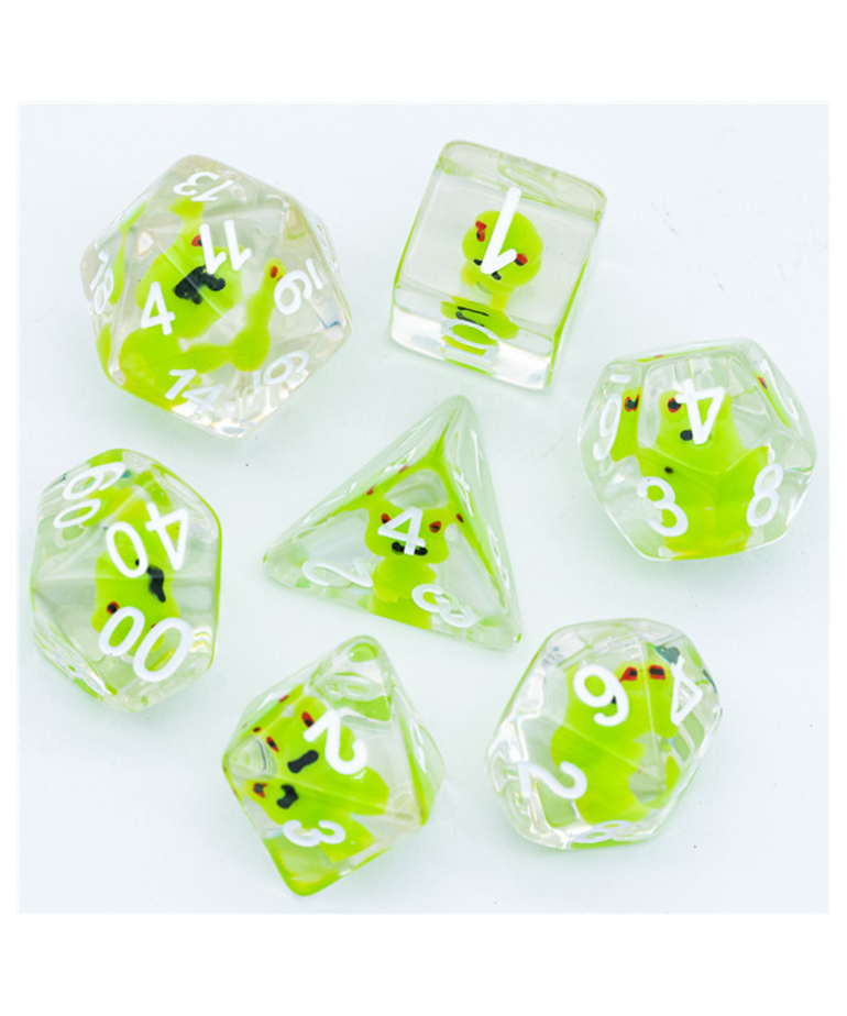 Gameopolis Dice - UDI Gameopolis: Dice - Polyhedral 7-Die Set - Resin Frog - Clear w/ White