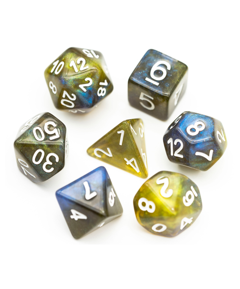 Gameopolis Dice - UDI Gameopolis: Dice - Polyhedral 7 Set - Galaxy Glitter - Yellow Blue w/ White