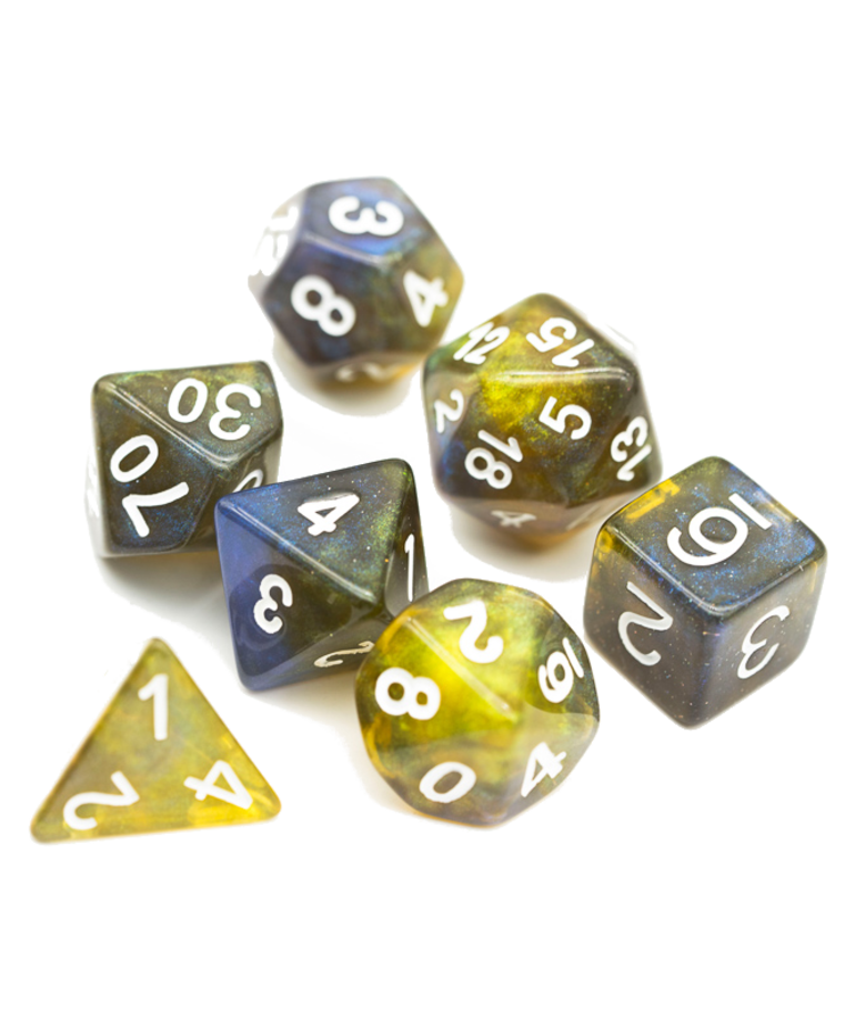Gameopolis Dice - UDI Gameopolis: Dice - Polyhedral 7 Set - Galaxy Glitter - Yellow Blue w/ White