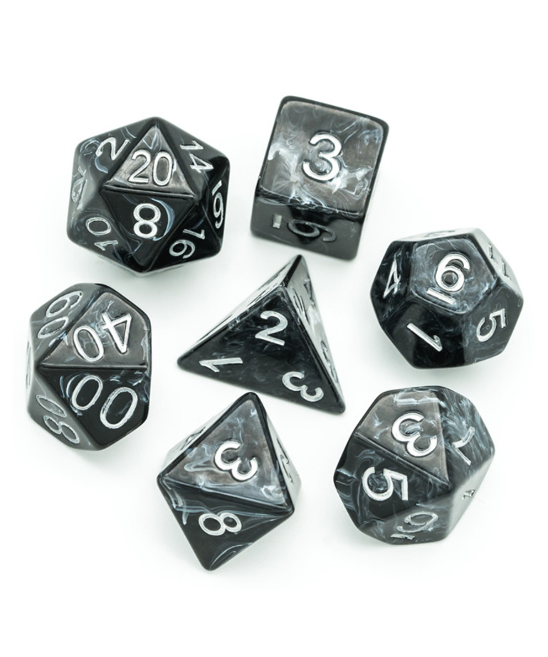 Gameopolis Dice - UDI CLEARANCE - Gameopolis: Dice - Polyhedral 7-Die Set - Black Brushed White Silk