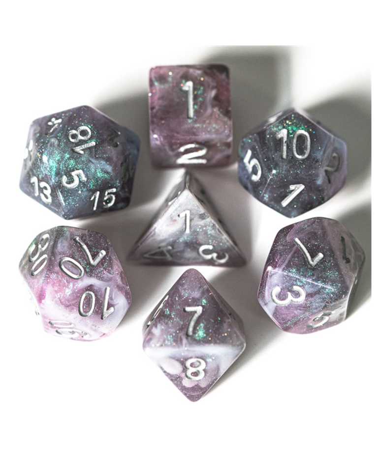 Gameopolis Dice - UDI Gameopolis: Dice - Polyhedral 7-Die Set - Resin Galaxy Glitter Dice - Purple & Grey w/ Blue/Green Glitter