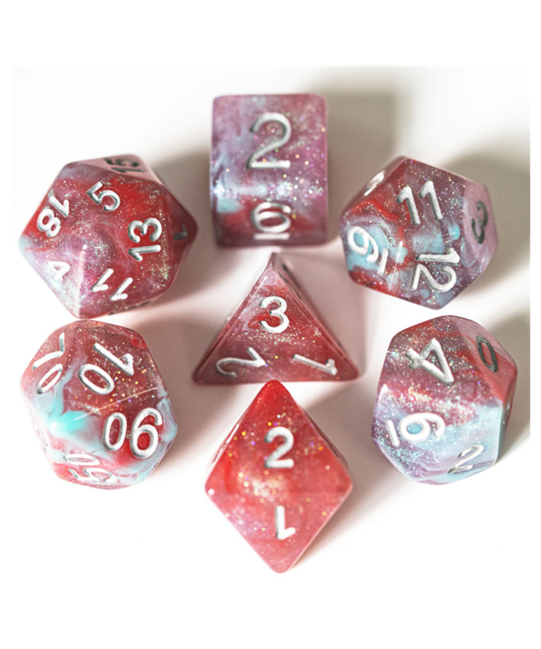 Gameopolis Dice - UDI Gameopolis: Dice - Polyhedral 7-Die Set - Resin Galaxy Glitter Dice - Orange & Blue w/ Gold Glitter