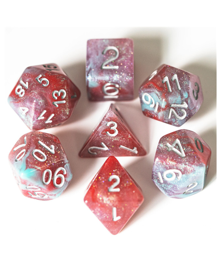 Gameopolis Dice - UDI Gameopolis: Dice - Polyhedral 7 Set - Galaxy Glitter - Orange & Blue w/ Silver
