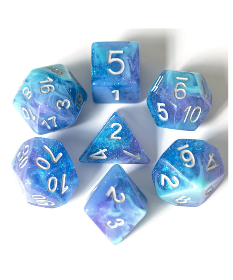 Gameopolis Dice - UDI Gameopolis: Dice - Polyhedral 7- Die Set - Resin Galaxy Glitter Dice - Blue & Purple w/ Silver Glitter