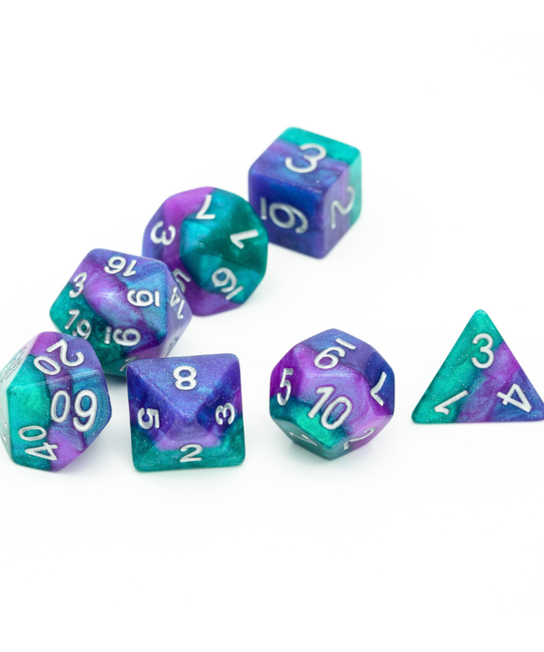 Gameopolis Dice - UDI Gameopolis: Dice - Polyhedral 7-Die Set - Resin Galaxy Glitter Dice - Blue, Green & Purple  w/ Blue/Green Glitter