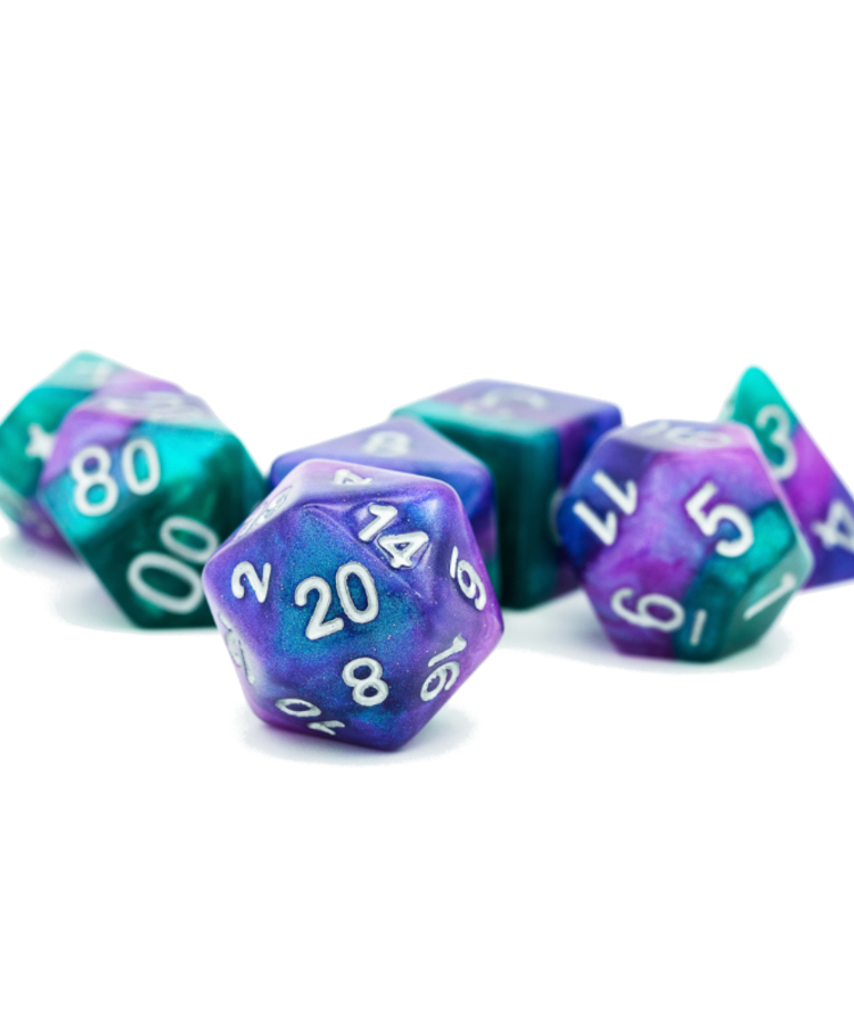 Gameopolis Dice - UDI Gameopolis: Dice - Polyhedral 7-Die Set - Resin Galaxy Glitter Dice - Blue, Green & Purple  w/ Blue/Green Glitter