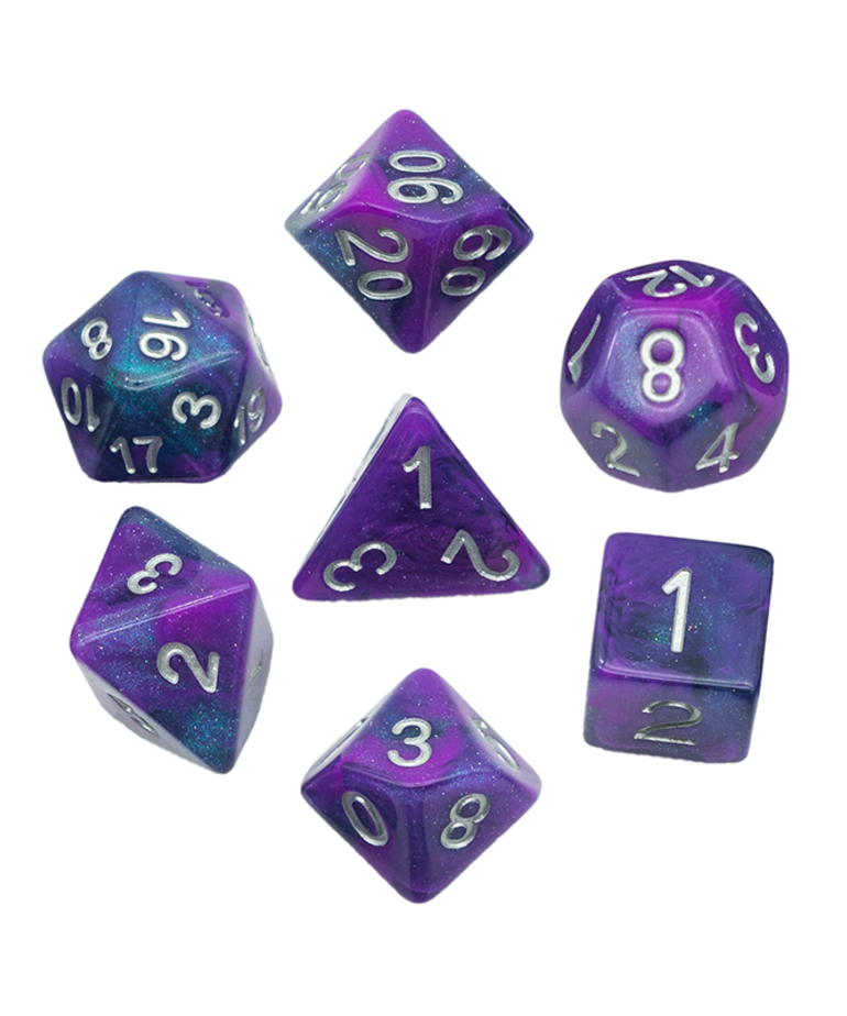 Gameopolis Dice - UDI Gameopolis: Dice - Polyhedral 7-Die Set - Resin Galaxy Glitter Dice - Purple w/ Blue/Green Glitter