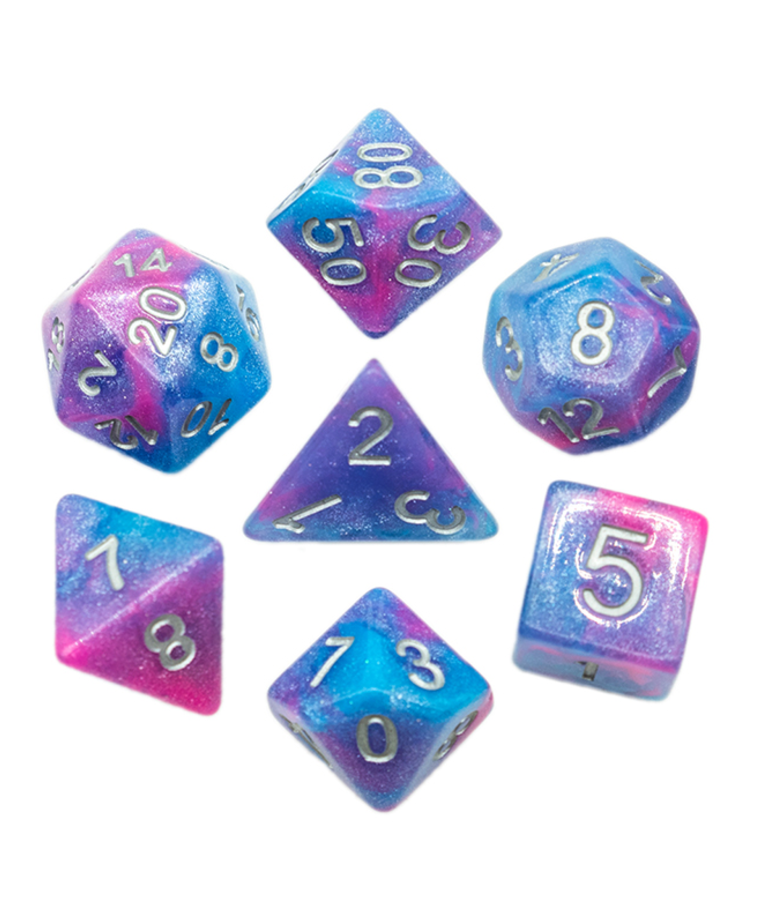 Gameopolis Dice - UDI Gameopolis: Dice - Polyhedral 7 Set - Galaxy Glitter - Pink & Blue w/ Silver