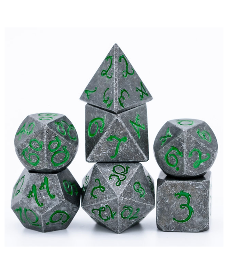 Gameopolis Dice - UDI Gameopolis: Dice - Polyhedral 7-Die Set - Old Metal Dice w/ Green Dragon Font