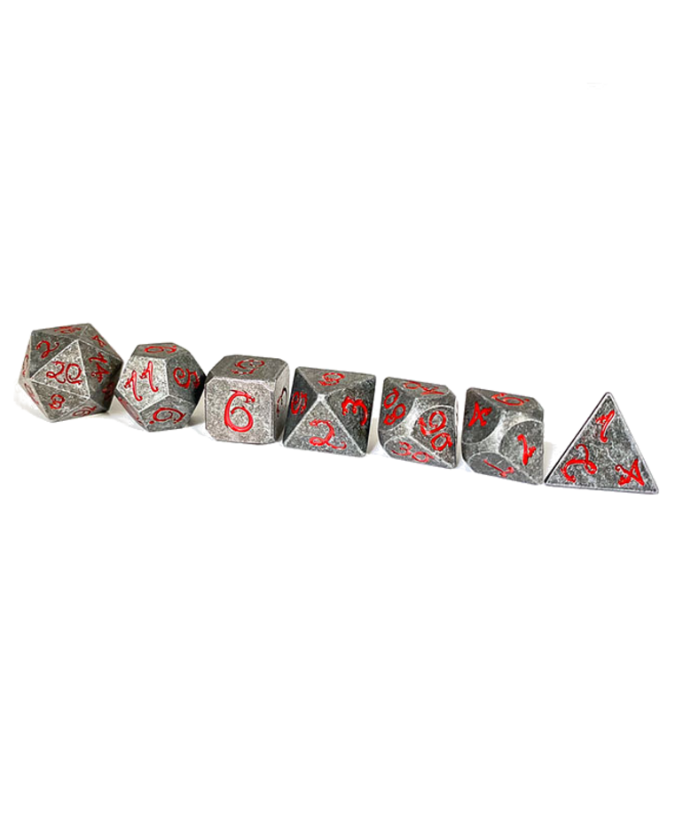 Gameopolis Dice - UDI Gameopolis: Dice - Polyhedral 7-Die Set - Old Metal Dice w/ Red Dragon Font