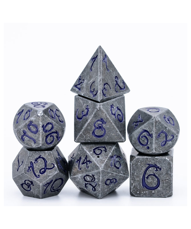 Gameopolis Dice - UDI Gameopolis: Dice - Polyhedral 7-Die Set - Old Metal Dice w/ Purple Dragon Font