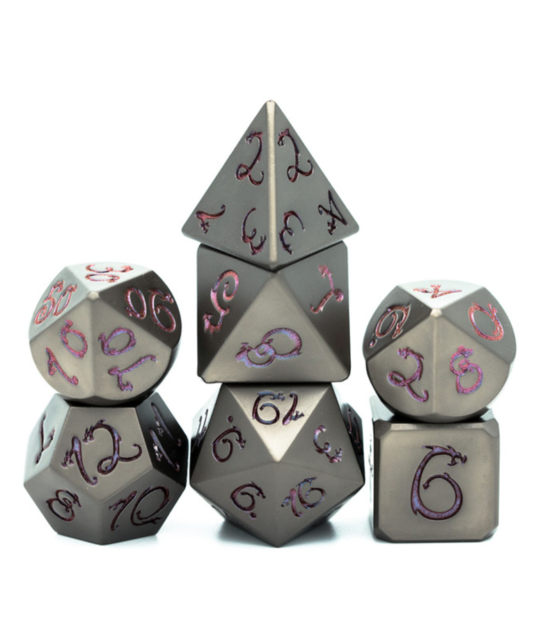 Gameopolis Dice - UDI Gameopolis: Dice - Polyhedral 7-Die Set - Metal - Gunmetal w/ Blue Photosensitive Dragon Font