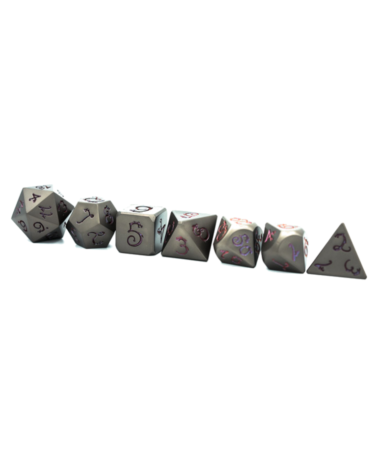 Gameopolis Dice - UDI Gameopolis: Dice - Polyhedral 7-Die Set - Metal - Gunmetal w/ Blue Photosensitive Dragon Font