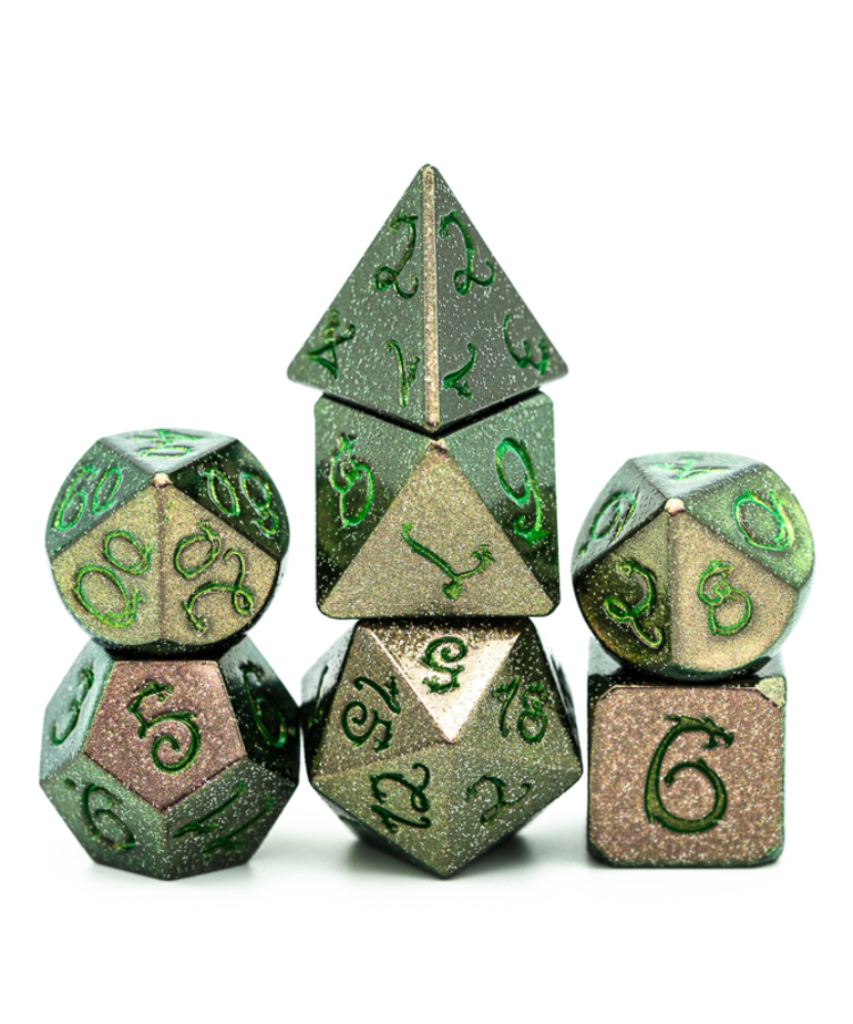 Udixi Dice - UDI Udixi: Dice - Polyhedral 7-Die Set - Glitter Metal Dice w/ Green Dragon Font