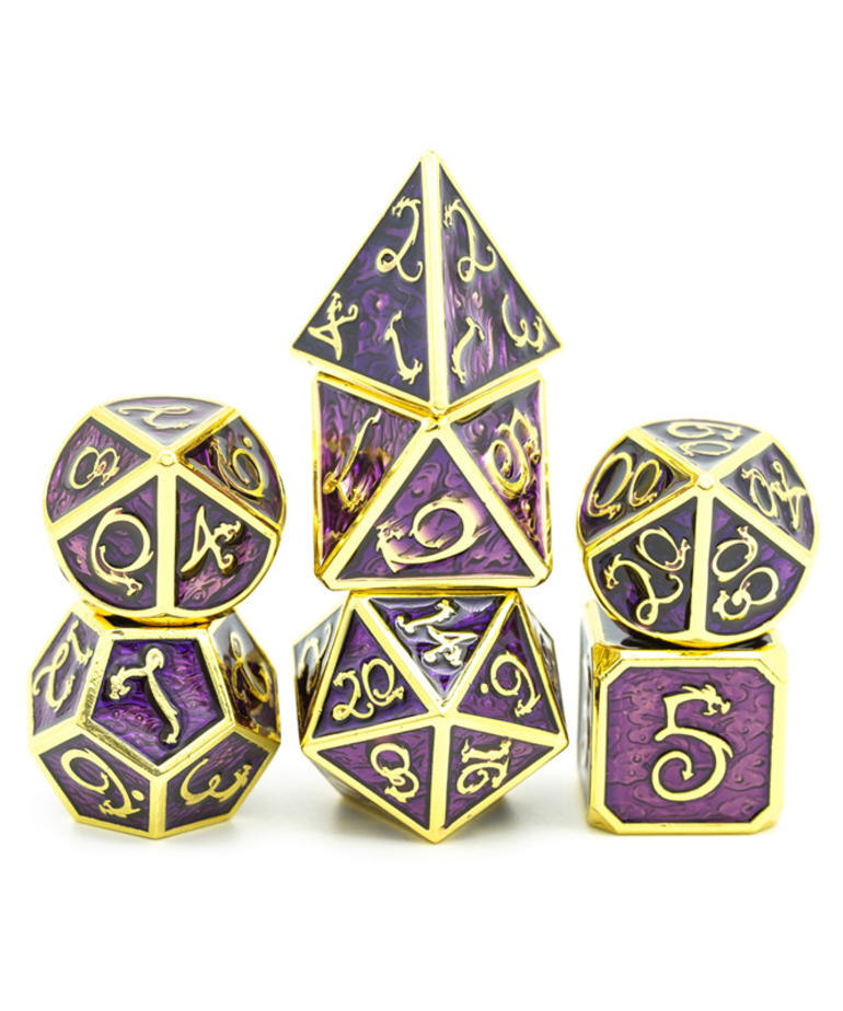 Gameopolis Dice - UDI Gameopolis: Dice - Polyhedral 7-Die Set - Metal Dice - Purple Clouds Enamel w/ Gold Dragon Font