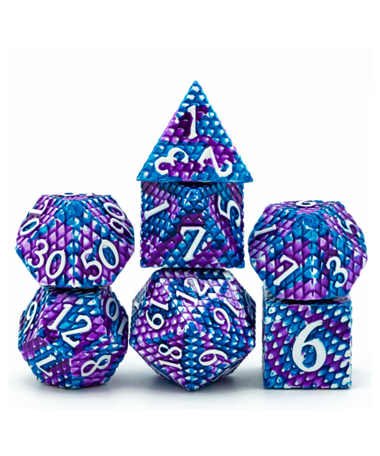 Gameopolis Dice - UDI Gameopolis: Dice - Polyhedral 7-Die Set - Dragon Scale Metal Dice - Purple & Blue w/ White