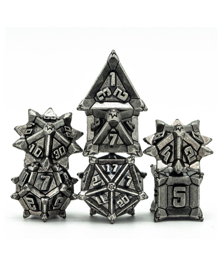 Gameopolis Dice - UDI Gameopolis: Dice - Polyhedral 7-Die Set - Pinwheel Metal Dice - Vintage Silver Barrel Plating