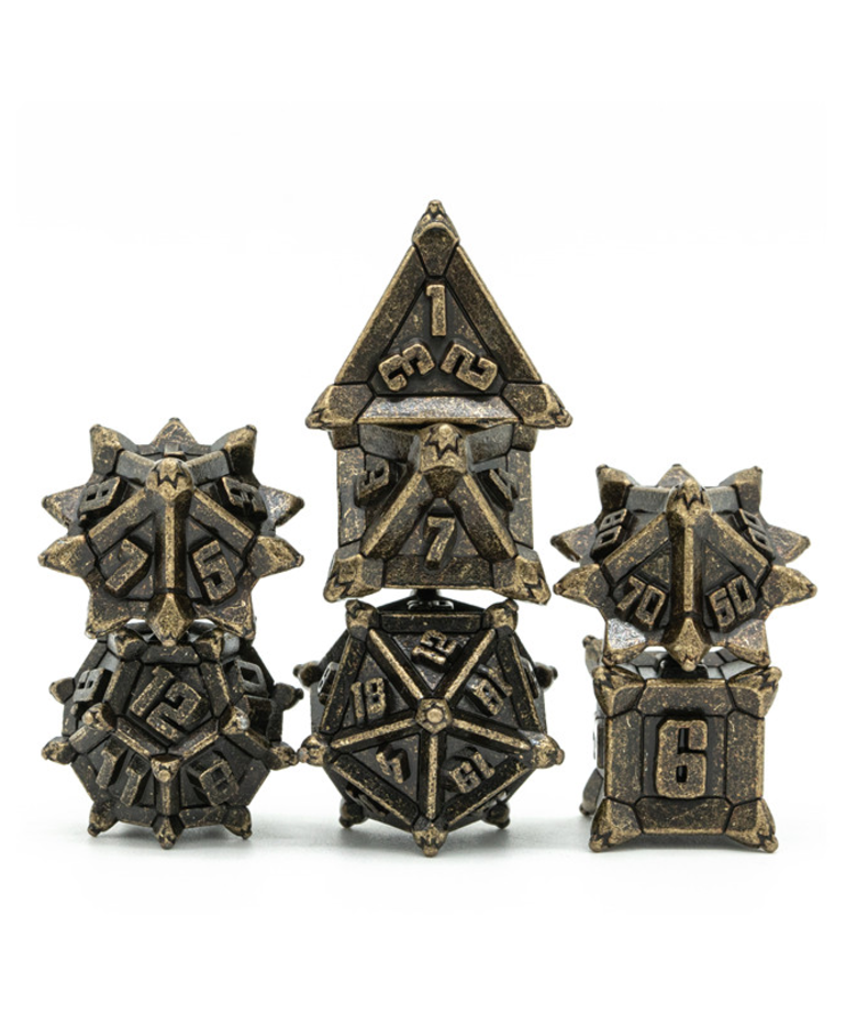 Gameopolis Dice - UDI Gameopolis: Dice - Polyhedral 7-Die Set - Pinwheel Metal Dice - Vintage Bronze Barrel Plating