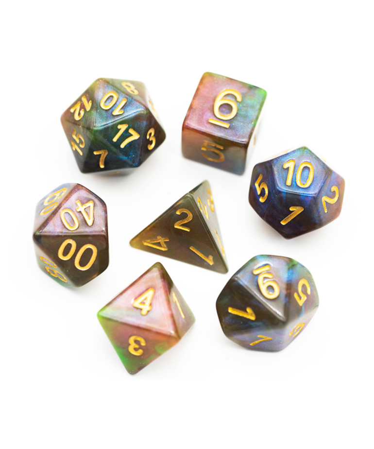 Gameopolis Dice - UDI Gameopolis: Dice - Polyhedral 7 Set - Galaxy Glitter - Purple Green w/ Yellow