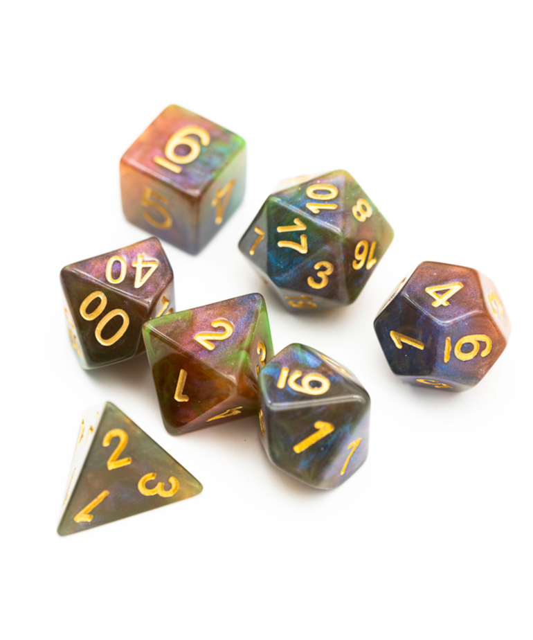 Gameopolis Dice - UDI Gameopolis: Dice - Polyhedral 7 Set - Galaxy Glitter - Purple Green w/ Yellow